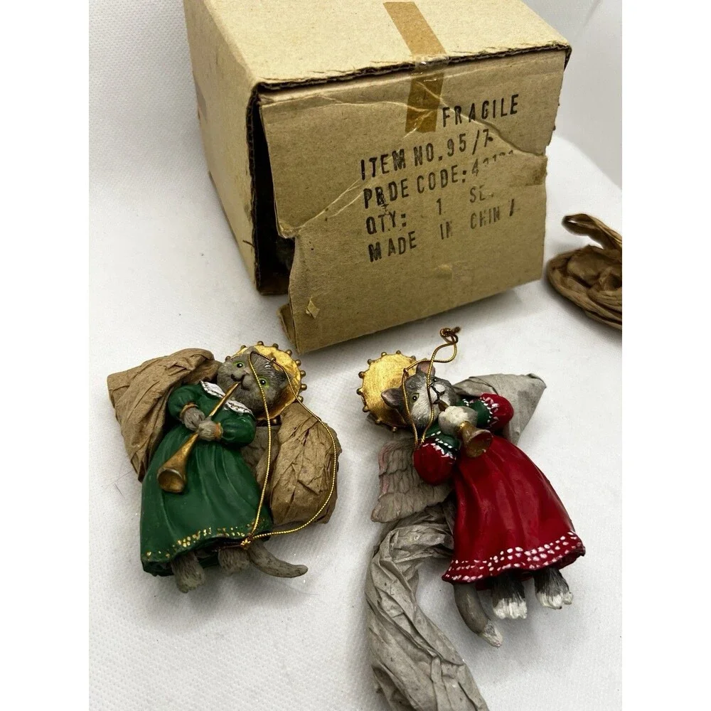 Angel Cats Christmas Ornaments Playing Horns Set Of 2 music cat costume angels